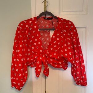 Zara Red Floral Cropped Front-Tie Blouse